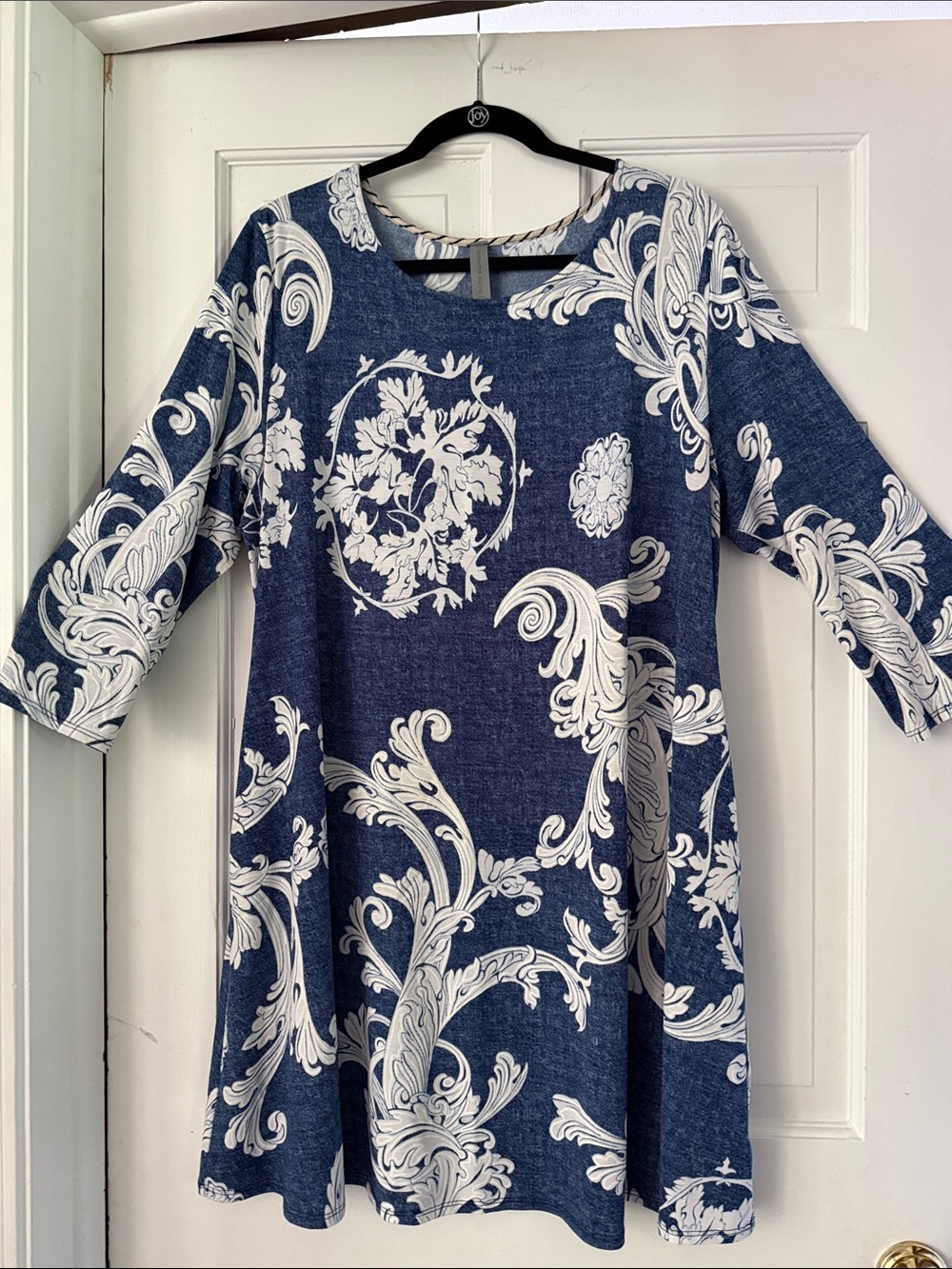 Blue & White Floral Scroll Midi Dress - Classic A-Line